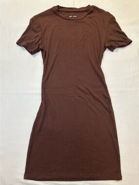 Simple Brown Ribbed Tee Dress